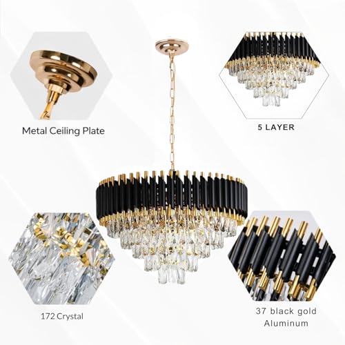 Image of One94Store Black Mamba Modern Crystal Chandelier Ceiling Light 600MM, Tricolour LED (Warm, Cool, Natural), Black & Gold Luxury Jhumar for Living Room, Dining, Bedroom