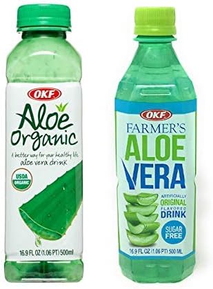 OKF Aloe Vera Half Organic and Half Farmers Sugar free - Healthy Edition, Aloe Vera Juice with Chewable Aloe Pulp, 16.9 Fluid Ounce (Organic and Sugar Free, 10 Pack)
