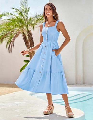 GRACE KARIN Womens Summer 2025 Midi Dress Spaghetti Strap Smocked Button Casual A Line Long Beach Flowy Sun Dresses Pockets2