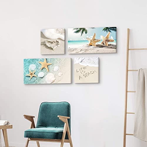 Beach Ocean Canvas Wall Art: 4 Pieces Seaside Starfish Seashell Picture Aqua Coastal Wave Prints Relax Tropical Seascape Painting Blue Green Sea Scenery Seashore Nature Artwork For Bedroom #TOP4