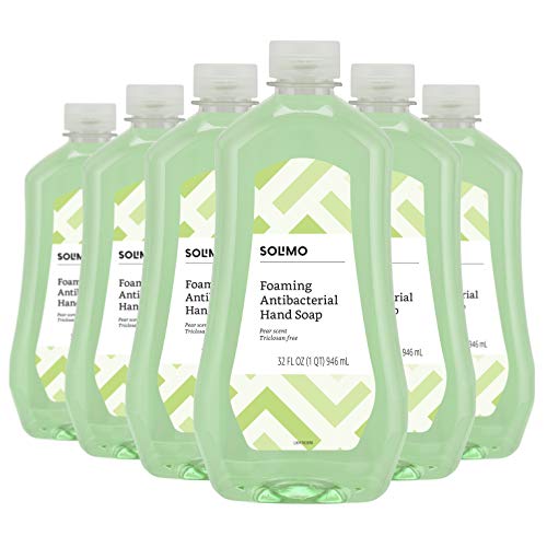 Amazon Brand - Solimo Foaming Antibacterial Soap Refill, Pear Scent, Triclosan-Free, 32 Fluid Ounces (ONLY Fits Foaming Dispensers), Pack of 6