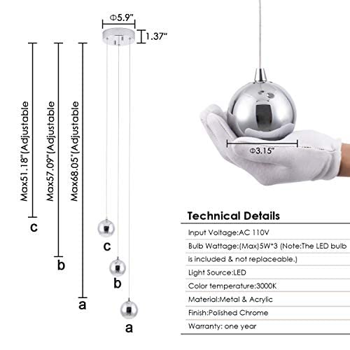 Mayna 3-Light Led Light Metal & Acrylic Globe Ceiling Pendant Light, Dimmable Modern Globular Kitchen Island Light For Living Room Dining Room Cafe Bar Restaurant, Polished Chrome Finish #TOP6
