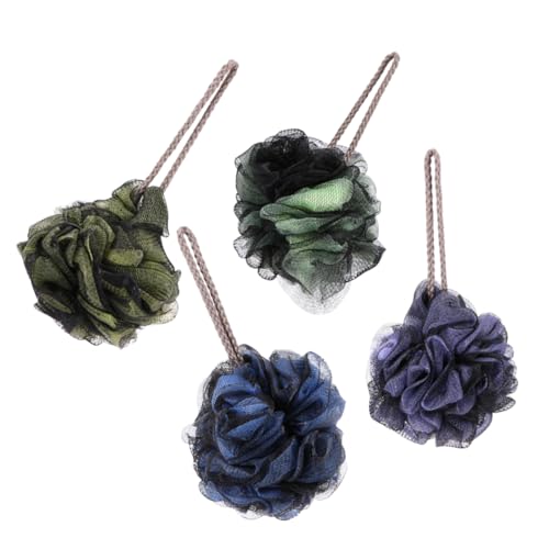 Ipetboom 4pcs Double Lace Bath Flowers Boys and Girls Balls Round Shower Balls Mesh Design for Adults Boys and Girls Children (Yellow Purple Green Blue)