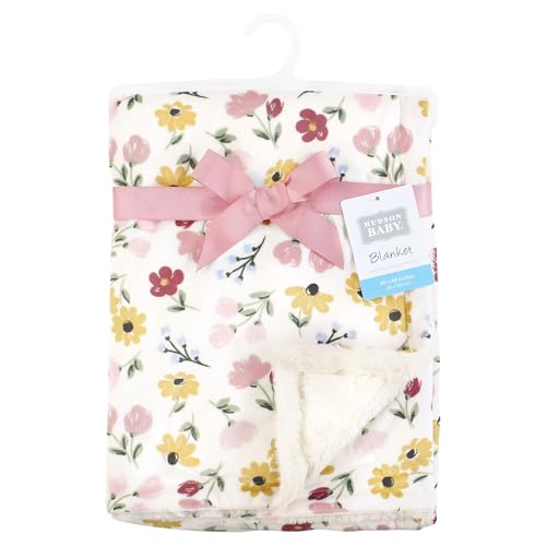Image of Hudson Baby Infant Girl Plush Blanket with Furry Binding and Back, Soft Painted Floral, One Size