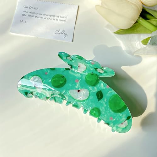 4.3" Apple Pattern Print Large Vintage Hair Claw Clip Non-Slip Shell French Style Hair Accessories for Women Girls Thick Hair, Apple Green