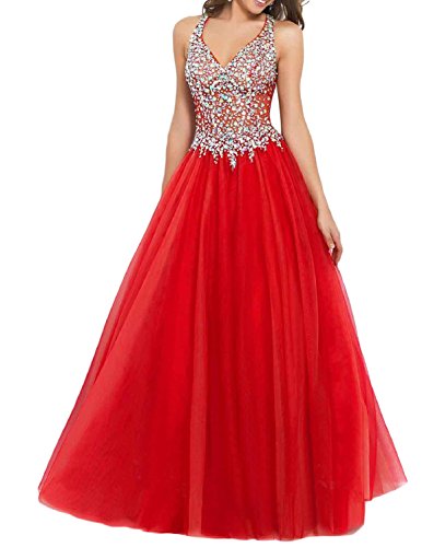 LMBRIDAL Womens Beaded Sweet 16 Homecoming Party Dress Short A Line Sparkly V Neck Straps Prom Gown Red Long 18W