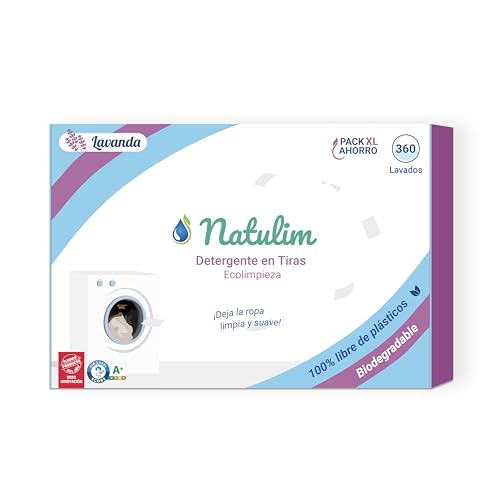 Natulim - Detergente en Tiras para Lavadora (360 Lavados) - Incluye efecto Suavizante, Ecológico, Hipoalergénico, Zero Waste, Made in Spain - Ropa limpia y suave sin ensuciar el Planeta (Lavanda)