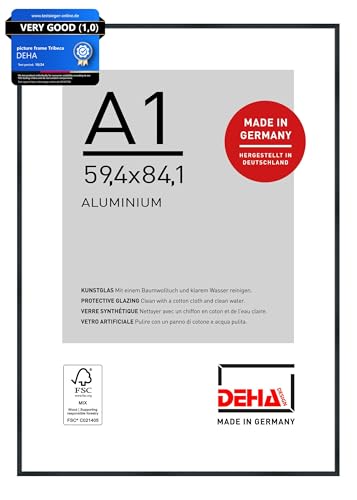 DEHA Design Tribeca Aluminium Picture Frame - A1 (59.4x84.1 cm) – Brushed Black - with Synthetic Glass and Push/Turn Clips