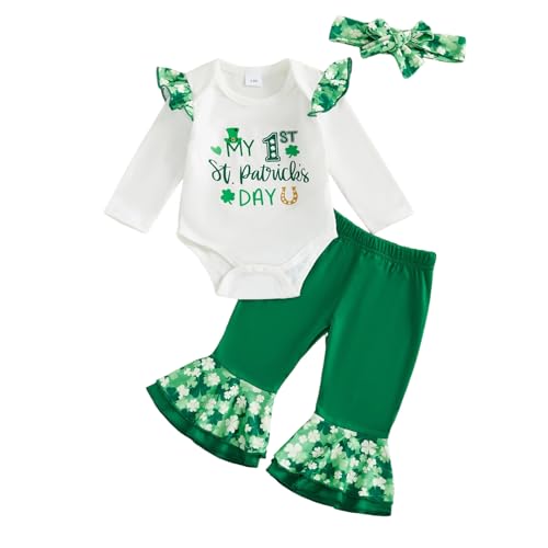 mlpeerw My First St Patricks Day Baby Girl Outfit Newborn Lucky Clover Romper Bell Bottom Pants Headband Baby Spring Clothes (My 1st st patricks day White, 6-9 Months)