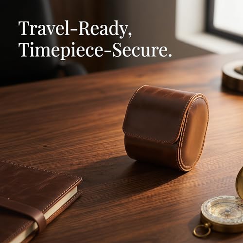 Watch Travel Case for Men & Women, Premium Leather Single Watch Storage Organizer with Soft Compressible Pillow, Portable Watch Holder for Travel, Home, Display & Protection, Brown, 1 Slot — view 3