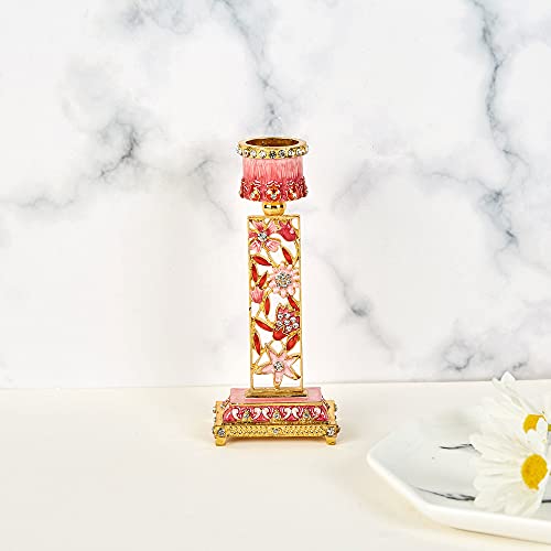 Matashi Shabbat Candlestick Holder (2-Piece Set) Hand-Painted, Gold-Plated Pewter Tall, Vintage Craftsmanship Adorned W/ Pomegranates And Flowers Jewish Holiday Decor (Red) #TOP4