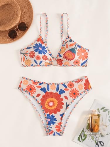Image of Fanuerg Women's Triangle Bikini Sets O Ring Linked Two Piece Swimsuits Floral Printed Cheeky Bathing Suit