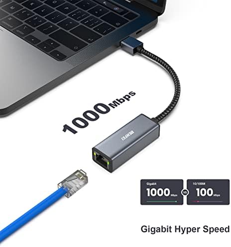 BENFEI Adapter Ethernet, adapter USB 3.0 na RJ45 1000 Mbps Gigabit LAN kompatybilny z MacBookiem, Surface Pro, PC z Windows7/8/10, XP, Vista, Mac, [aluminiowa obudowa i kabel nylonowy]