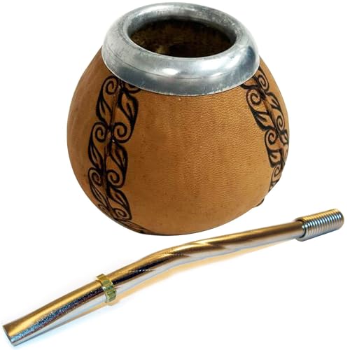 Argentina Mate Gourd Yerba Tea Drinking Straw Bombilla Carved Handmade Kit 0164