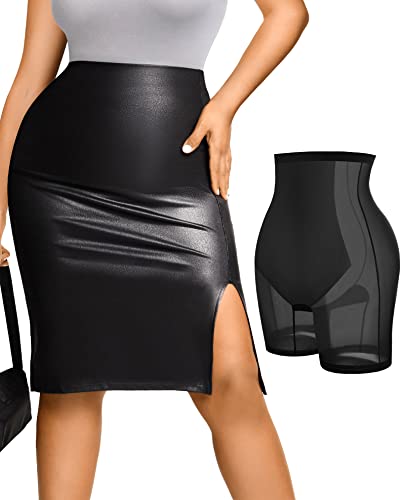 Popilush Wear To Work Pencil Skirts For Women Built In Shapewear Elastic High Waist Wrap Front Slim Split Midi Skirts Black #TOP26