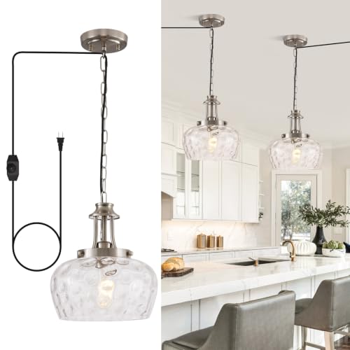 Image of Plug in Pendant Lights Kitchen Island, Modern Brushed Nickel Pendant Light Fixtures with 10 inch Clear Hammered Glass Shade, Industrial Hanging Pendant Lights Fixture for Kitchen Island Dining Room Foyer