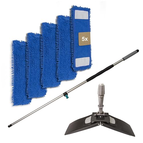 G.I.V. - Reinigungstechnik Bodenwischer Set Teleskopstiel 96-180cm mit gummiertem Handgriff + Klapphalter & 5X Chenillemopp Bezug 40cm - Wischbezug - Wischer für Bodenreinigung - Wischmopp mit Stiel