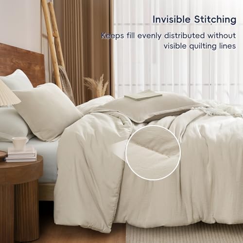 PHF Cotton Muslin Comforter Set Queen Size, Ultra Soft, Breathable & Lightweight All-Season Bedding, Filling: 100% Polyester, 3 Pieces with 1 Comforter 90"x90" and 2 Pillow Shams 20"x26", Natural - Thumbnail 3