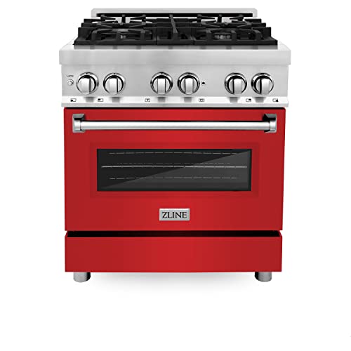 ZLINE 30 in. 4.0 cu. ft. Legacy Dual Fuel Range with 4 Burner Gas Cooktop and Electric Convection Oven in Stainless Steel and Red Matte Door (RA-RM-30)