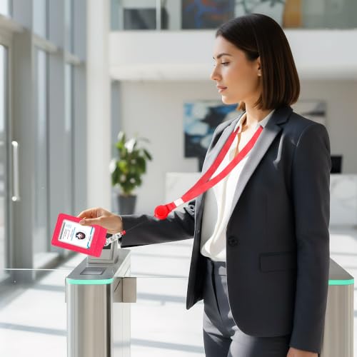 Image of Conisy ID Badge Holder with Retractable Lanyard, Vertical PU Leather ID Badge Card Holder with 2 Card Slots for Women Men (ID Badge Holder Red)