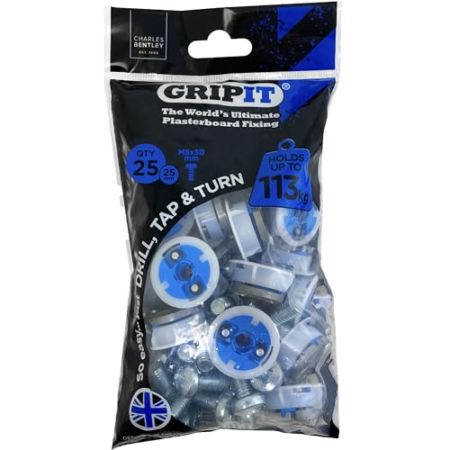 Gripit Blue Heavy-Duty Plasterboard Fixings - Reusable Drywall Fixings - Pack of 25 - Holds Up to 113kg - Easy to Install Drywall Anchor for TV, Stud Walls, Kitchen Units & Boilers – UK Designed