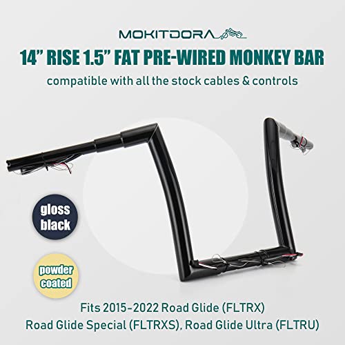 Mokitdora Road Glide Pre-Wired Handlebar 14” Rise 1.5” Fat 1.25" Clamp Monkey Meat-Hook Bar Ape Hanger For Harley 2015-Up Fltrx Fltrxs Fltru, Black #TOP2