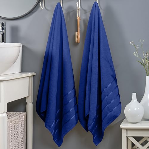 Image of Elegant Comfort 100% Turkish Cotton 4 Lines Viscose Stripe Luxury 2 Pack Bath Towel Set 27 x 54 Inch - Super Soft and Highly Absorbent Premium Hotel Spa Quality Towels for Bathroom Use, Royal Blue