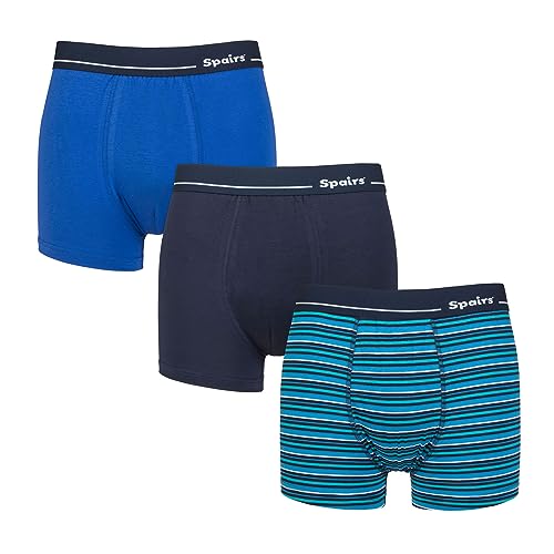 Spairs Men's Bamboo Boxer Shorts, Soft, Breathable, Tagless, Stretchy, Fitted Underwear, Value Multipack 3 Pairs, Stripe & Plain Trunks, Sizes S, M, L, XL, XXL Stripe & Plain Navy/Cobalt M