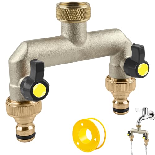 2-Wege Wasserhahn Wasserverteiler aus Messing mit PTFE Gewindedichtband für 2 Geräte/Gartenschläuche, Wasseranschluss Verteiler mit 2 Stück 3/4 Zoll auf 1/2 Zoll Hahnanschlussür Haus Hof Waschmaschine