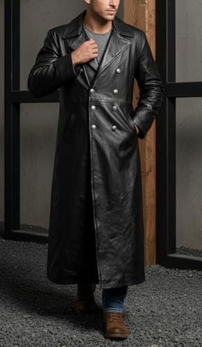 Image of Leather Trench Coat Men - Genuine Black Lambskin Leather Long Coat - German Military Officer WW2 Uniform Overcoat