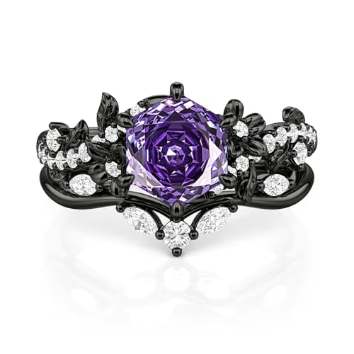Image of Jeulia 2PCS Wedding Ring Set for Women 1.5 ct Black Thorn Purple Rose Cut 925 Sterling Silver Gothic Bat Design Engagement Ring Vintage Jewelry with Gift Box