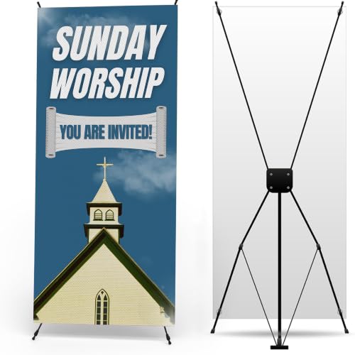DreamController Church X-Stand Banner by DC | 30"x65" Adjustable Tripod Display | Sunday Worship Youre Invited Vertical Banner for Trade Shows & Events | Cross Stand Included | Made in USA