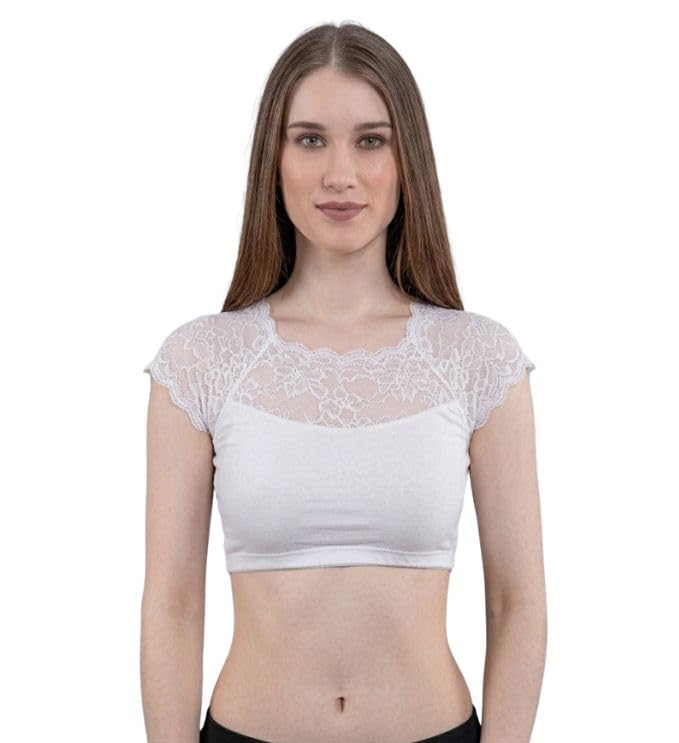 Women's Stretchable Net Saree Blouse | Readymade Stitched Blouse | Round Neck | Short Sleeve | Soft & Comfortable Ethnic Blouse for Saree Wear(White)-image-24