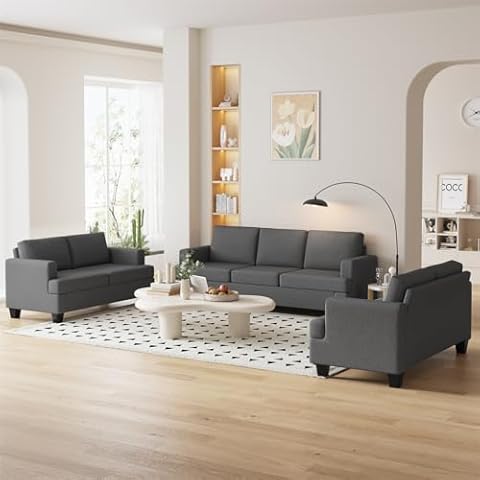 Furnimart Sectional Couches for Living Room, Modern 2 Loveseats and 3 Seater Couch, Deep Seat Sectional Sofa Set, Comfy Fluffy Grey Couch with Removable Sofa Cover, Dark Grey Cover