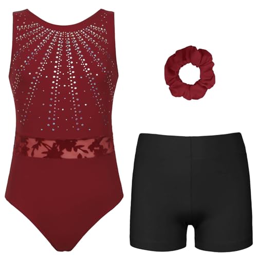 Gymnastics Leotards for Girls, Adult, Child With Shorts Activewear Burgundy Sequins CL(9-10Years)