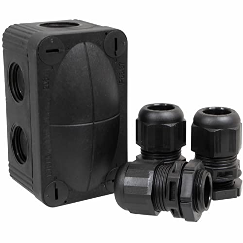 Black Wiska 206 Box and 3x 20mm ESKV Glands - Weatherproof IP66 for Outdoor Floodlights and Cable Wiring