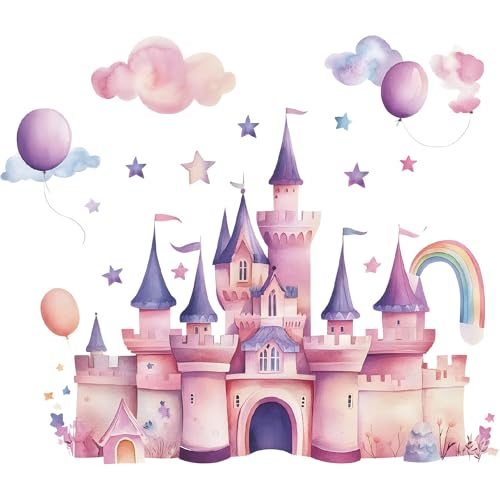 Image of Princess Dreamy Pink Castle Wall Decal for Girls Room Cartoon PVC Wall Sticker with Balloons Rainbow Stars Nursery Kids Bedroom Decor Removable Wall Art