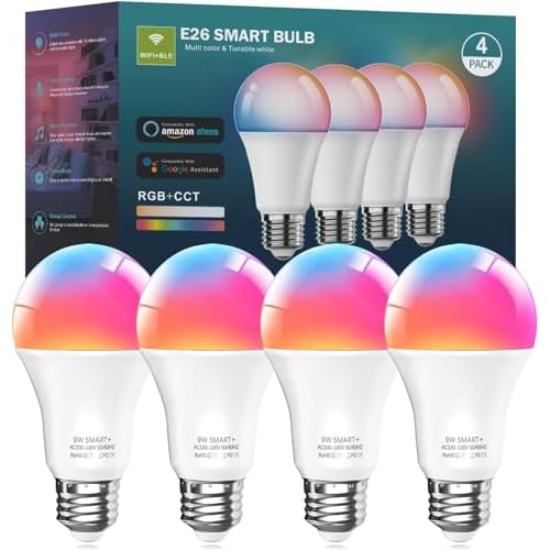 luckystyle Smart Light Bulbs, 9W A19 E26 800LM WiFi Bluetooth LED Bulbs Compatible with Alexa, Google Assistant & Home, 16 Million Colors Music Sync Color Changing Dimmable RGBWW Lights Bulb (4)