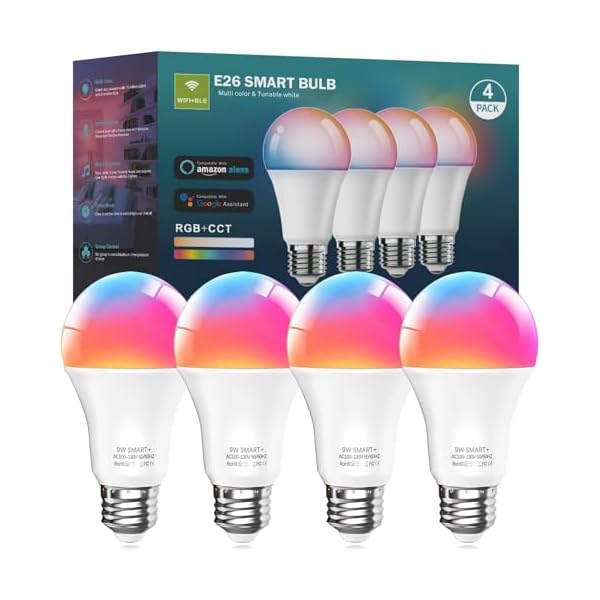 luckystyle Smart Light Bulbs, 9W A19 E26 800LM WiFi Bluetooth LED Bulbs Compatible with Alexa, Google Assistant & Home, 16 Million Colors Music Sync Color Changing Dimmable RGBWW Lights Bulb (4)