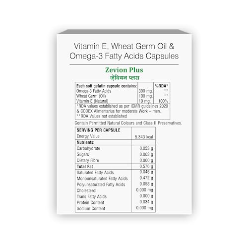 Image of Zevion Plus Vitamin E Capsule with Omega 3 Fatty Acids & Wheat Germ Oil - Antioxidant Skin Supplement, Omega 3 Capsule for Heart, Skin & Immunity (10 Softgel Capsules)