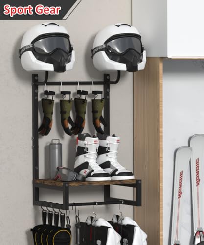 Artibear Wall Mount Motorcycle Helmet Holder with 6 Glove Clips & 8 S-Hooks, 3-Tier Exhibition Type Helmet Rack Stand for Motorcycle Accessories Storage and Moto Riding Gear, Black