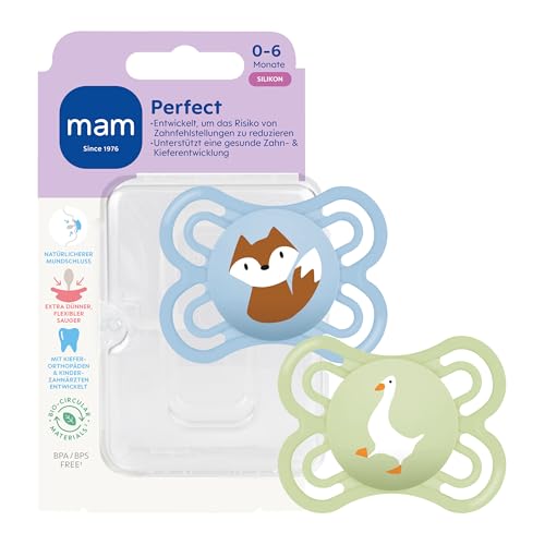 MAM Perfect Schnuller | 0-6 Monate | Schnuller für Neugeborene | 94% Akzeptanz | beugt Zahnfehlstellungen vor | Babyschnuller mit Zahnmedizinern entwickelt | SkinSoft Silikon | Fuchs/Gans | 2 Stück