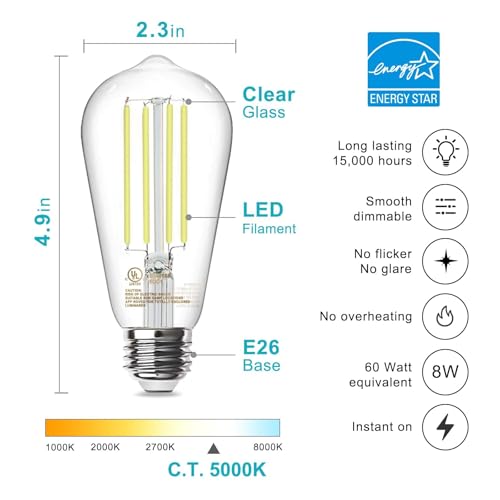 Image of TJOY Edison Light Bulbs 60W Equivalent, Dimmable Vintage LED Light Bulbs, E26 Medium Base, 5000K Daylight, ST58, 8W, 800LM, Ultra-Bright, 80+CRI, Antique Decorative LED Filament, Clear Glass, 4 Pack
