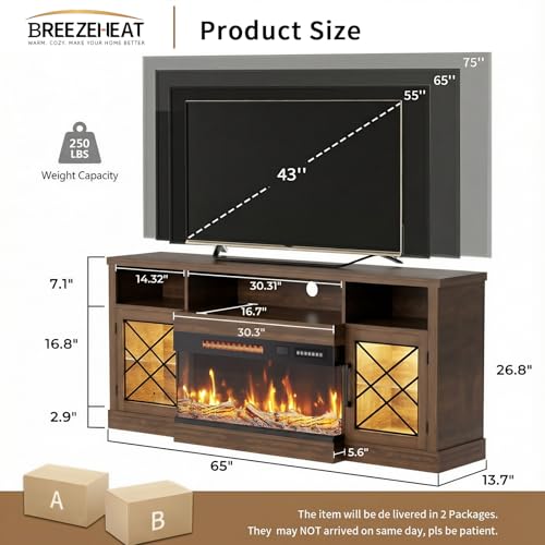 Image of BREEZEHEAT Fireplace TV Stand for TVs up to 75 inch, 3-Sided Electric Entertainment Center with 30 inch LED Fireplace, Media Console w /Storage Cabinet & Glass Doors, 65Inch, Walnut