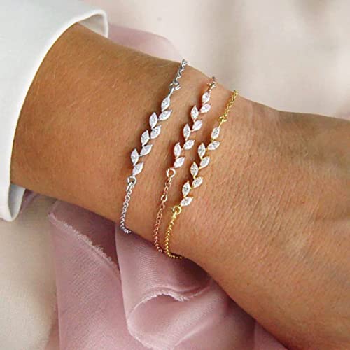 Beriso Dainty Bracelets For Women Shiny Silver Plated Tiny Cubic Zirconia Leaf Bracelets Minimalist Personalized Adjustable Cz Leaves Shining Bracelet Fancy Jewelry Gift For Women Girls Friend #TOP4