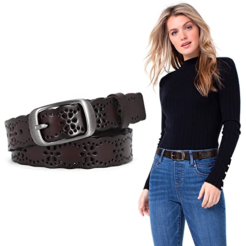 JASGOOD Women Hollow Flower Leather Belt for Jeans Pants Soft Leather Belt with Solid Pin Buckle(Coffee, Fit Waist Size 29-33 Inches)