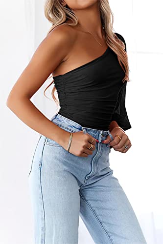 Mascomoda Womens Tops Fashion Mesh Long Sleeve One Shoulder Top Solid Color Stretch Ruched Lantern Sleeve Blouse Shirt(Black,Medium) #TOP2