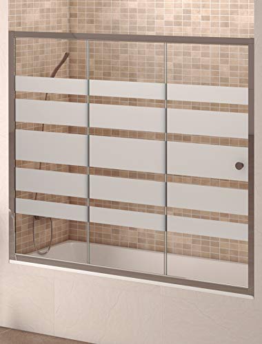 Mampara Frontal Para Bañera Modelo MICHIGAN. Una Hoja Fija Mas Dos Hojas Correderas, Ancho de 160 cm, Cristal 6 mm Decorado Serigrafía, Perfil Aluminio Cromado