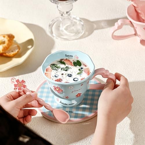 Taza de cerámica azul con diseño floral 12 oz miniatura 3