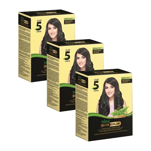 Image of Nisha 10 Minute Quick Henna Powder Hair Colour - Organic Henna-Based Instant Hair Colour for Women & Men, 100% Gray Coverage, Ammonia-Free, Natural Black Hair Dye (60g Each, Pack of 3)